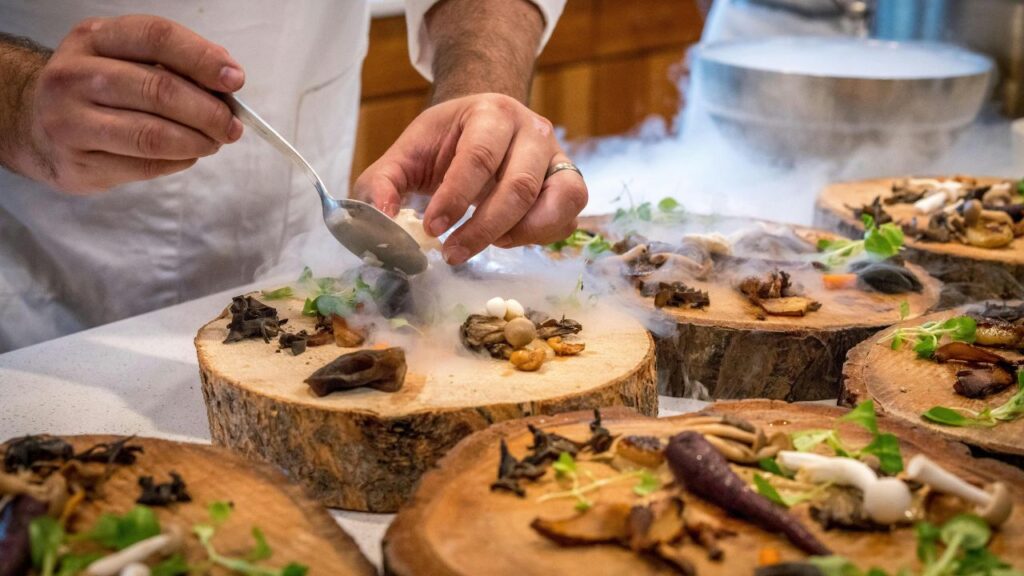 Chef Preparing Vegetable Dish on Tree Slab