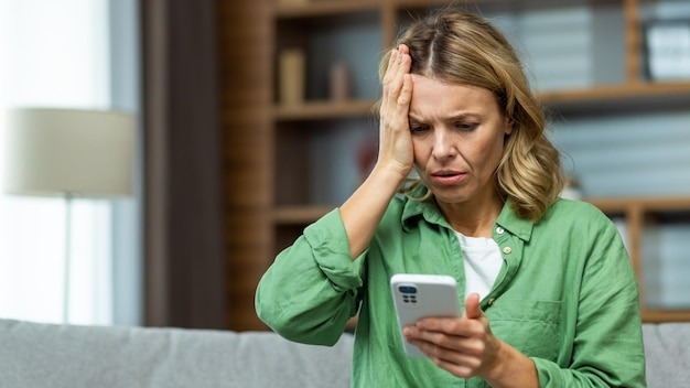 Lonely mature woman alone close up holding phone upset and depressed reading bad news on smartphone