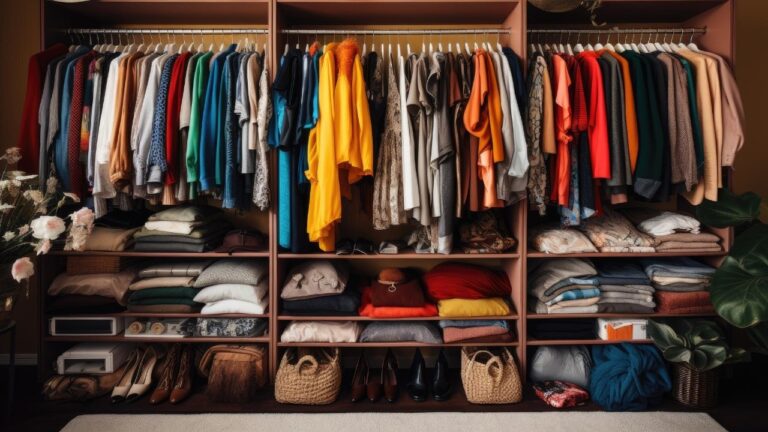 A wellorganized closet containing a plentiful collection of clothes and hats offering convenient storage for your entire wardrobe Shelves full of womens clothes at home AI Generated