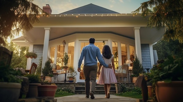 New Beginnings Joyful Family Approaches Their Dream Home's Front Door
