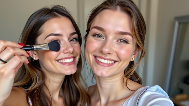 Two Young Women Applying Makeup Beauty Routine Friends Selfie