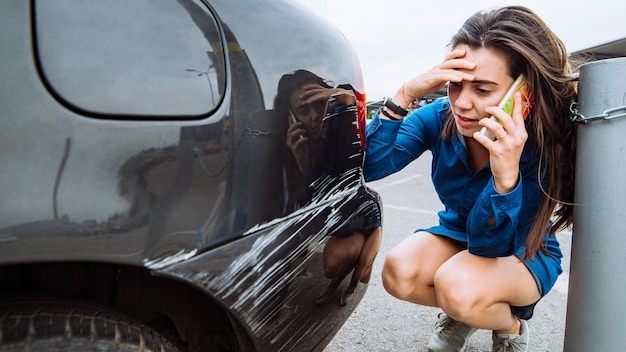 woman stand near scratched auto call for help car insurance
