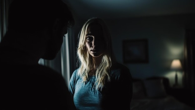 A woman looks nervously at a shadowy figure in a dimly lit room