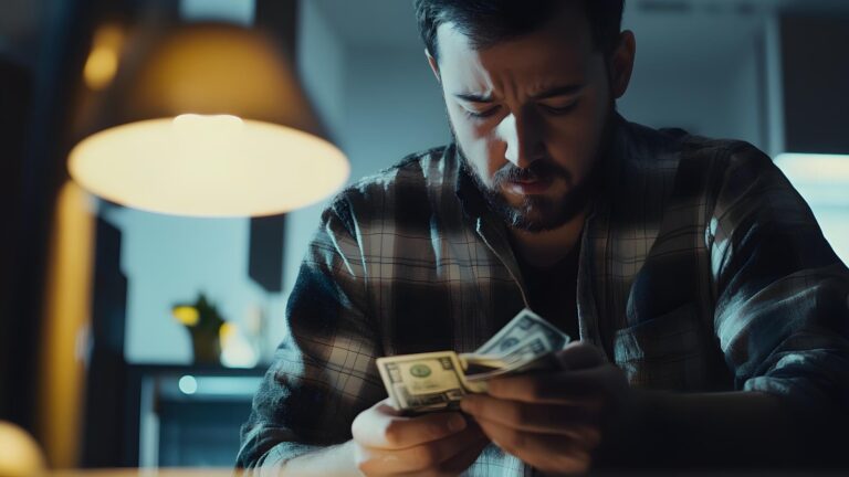 Pensive man counting money under warm lamp light