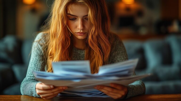 a woman looking at a stack of papers with a blue paper that says quot the word quot
