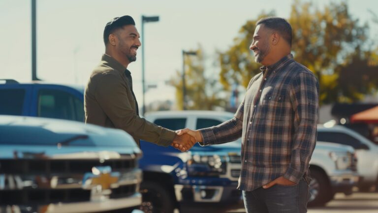 A Hispanic sales representative shaking hands with a customer after finalizing the purchase of a truck at the dealership