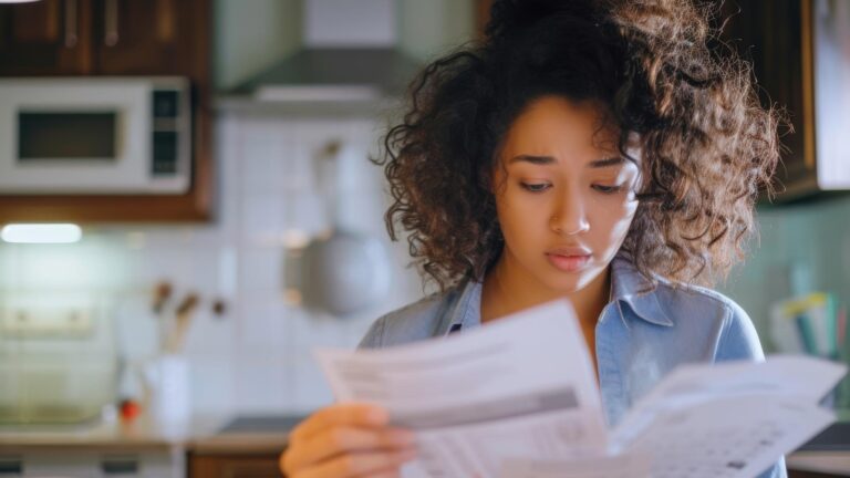 Woman going through bills looking worried Young brunette curly female reading her bill papers look