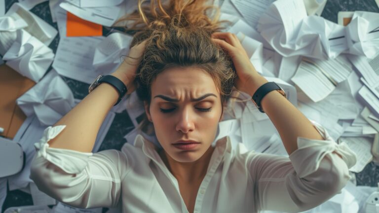 Stressed Woman Surrounded By Papers And Watches Symbolizing Time Management Challenges