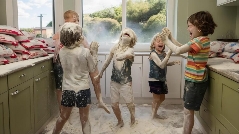 Kids is playing with flour in the kitchen