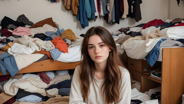 A girl sits on a bed a piles of clothes