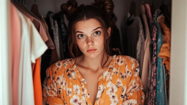 Confused woman with hair buns stands in a closet surrounded by clothes making a puzzled expression