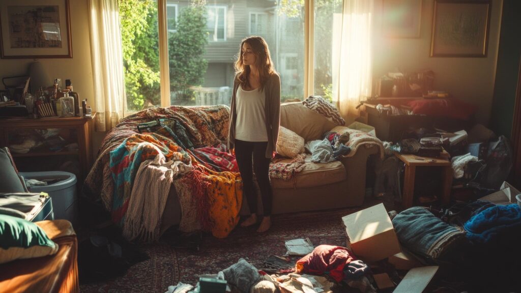 A young woman stands amid a cluttered living room filled with sunlight The cozy space is overwhelmed with clothes and belongings This scene captures everyday life and personal chaos AI