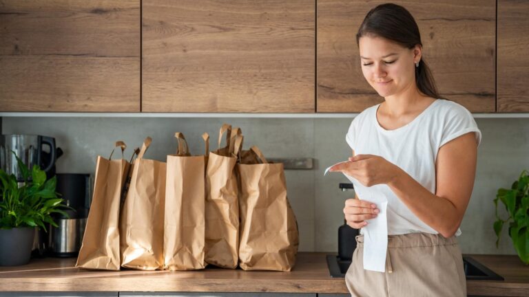 Young woman with receipt from the store next to paper bags full of food in kitchen groceries ordered