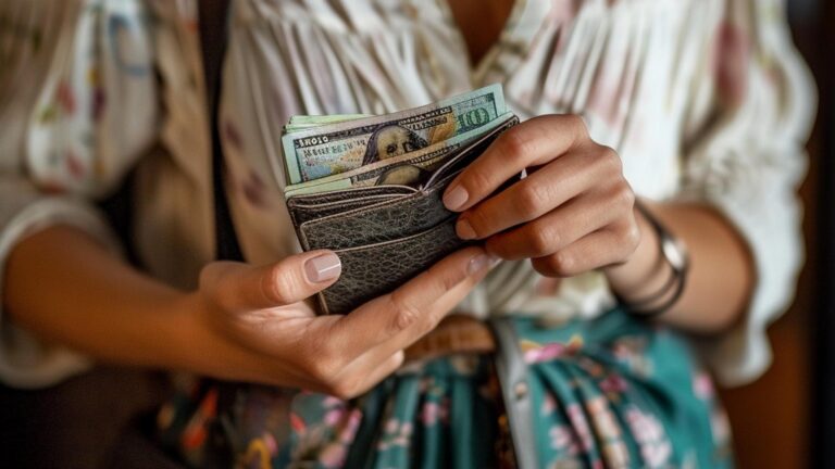 Woman holding a wallet with some money in her hand Close up