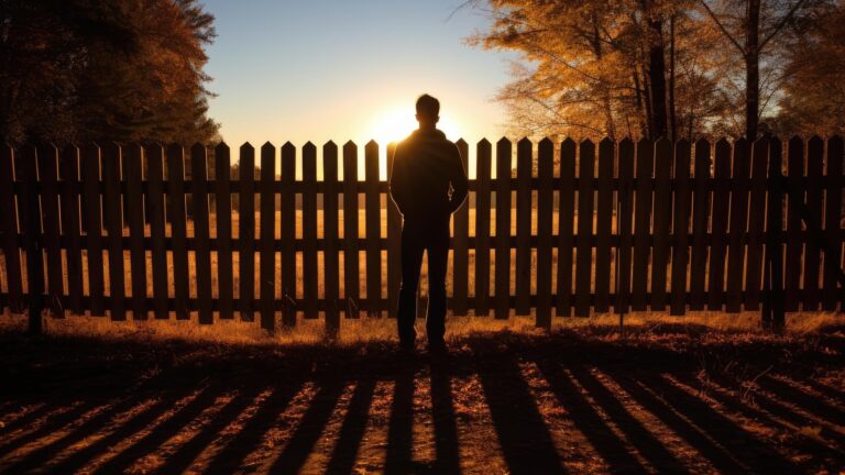 A silhouette of a person standing in front of a wooden fence with the setting sun casting long