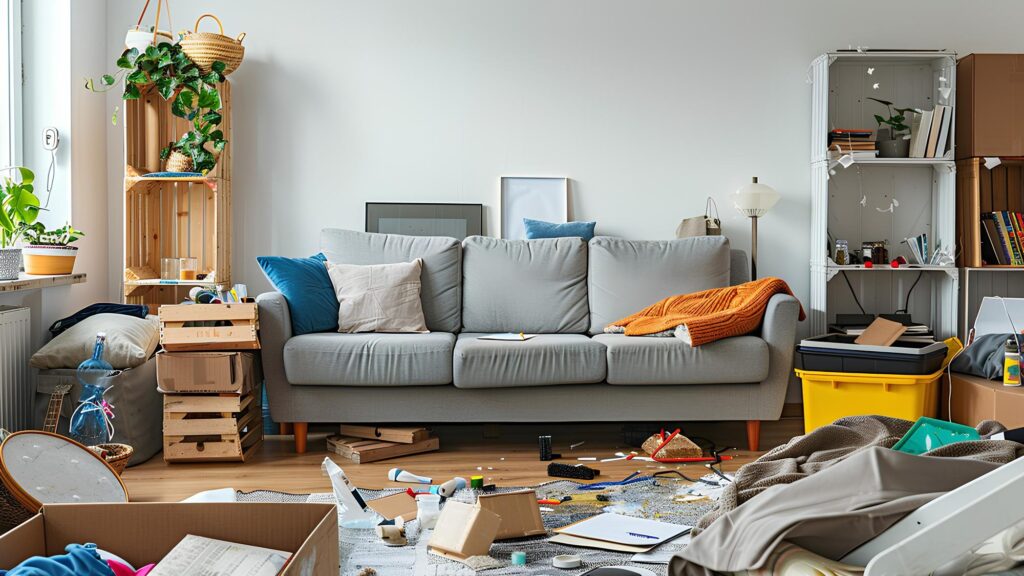 Sofa with shelving unit and drawers in messy dining room