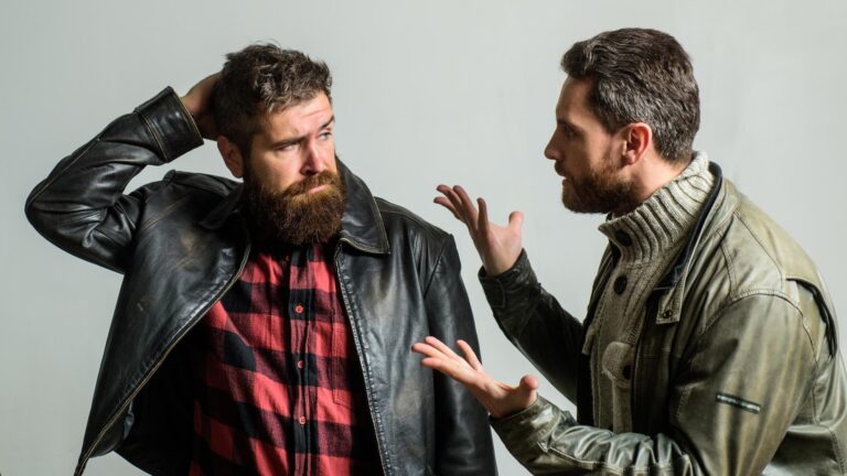 Men failed deal argue Failure and disappointment Disappointed partner argue Showdown concept Conflict and confrontation Man argue while guy feel sorry Fail and misunderstanding Feel guilty