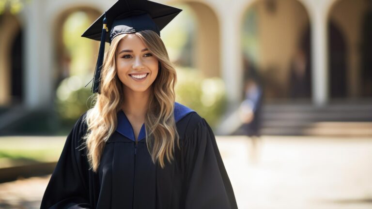 Happy smiling graduating student girl in an academic gown standing in front of college