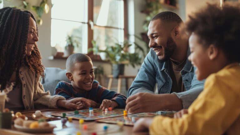 Family sharing fun smiles and laughter while playing board game at home AIG41