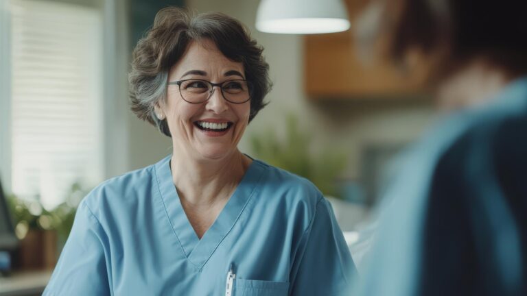 A cheerful older nurse engages in friendly conversation radiating warmth and compassion