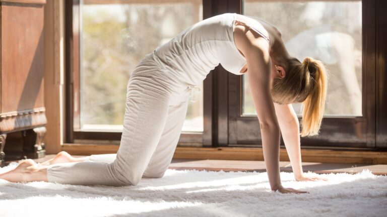 Young yogi attractive woman in Cat pose, home interior