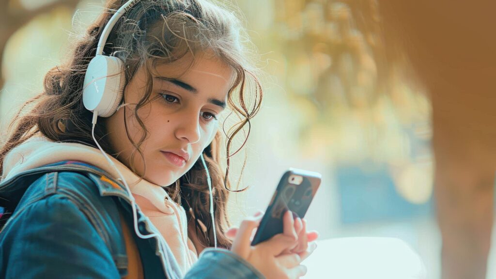 Teenager on her mobile phone Young girl early teens playing on her phone and listening to music wear