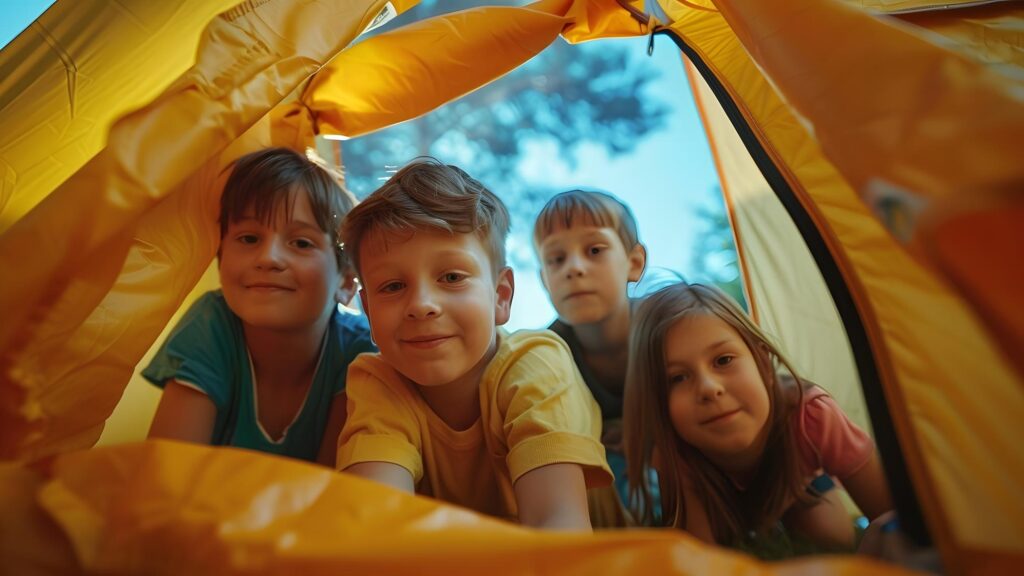 gorup of kids inside camping tent grimacing by looking at camera during summer camp Generative AI