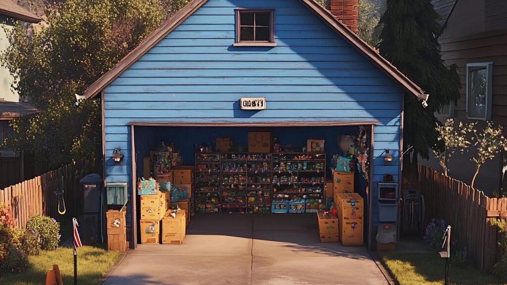 Charming Blue House with Open Garage and Decorative Storage Boxes