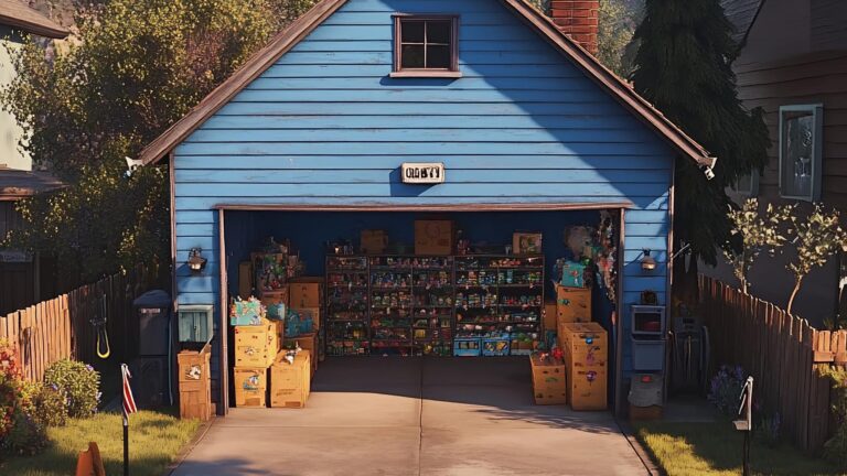 Charming Blue House with Open Garage and Decorative Storage Boxes