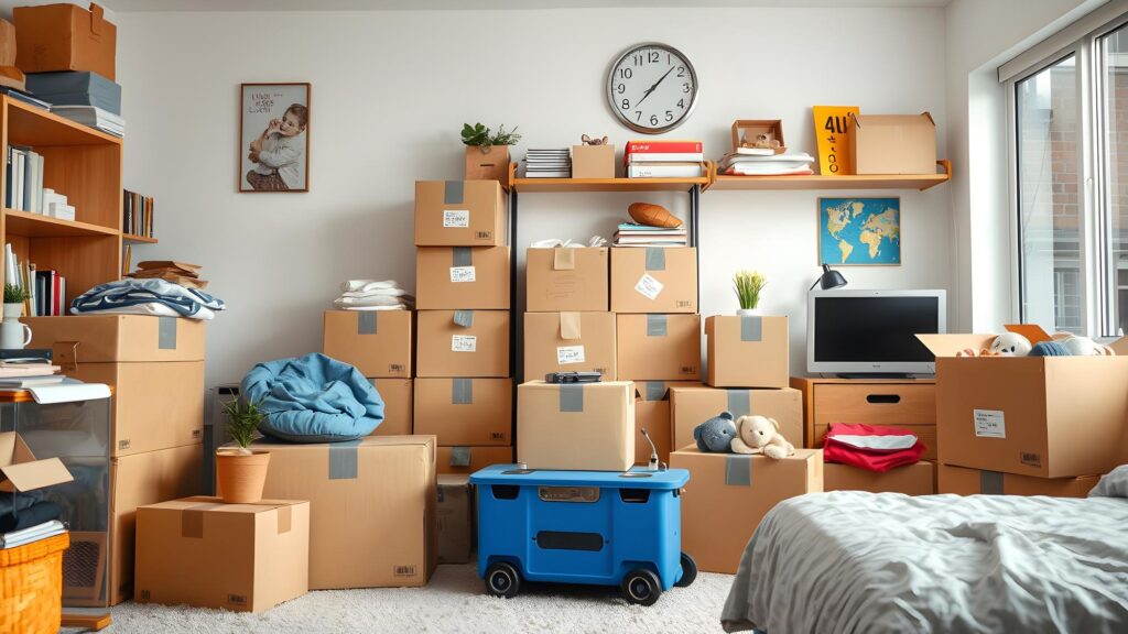 Moving boxes with things in dorm room isolated with white highlights