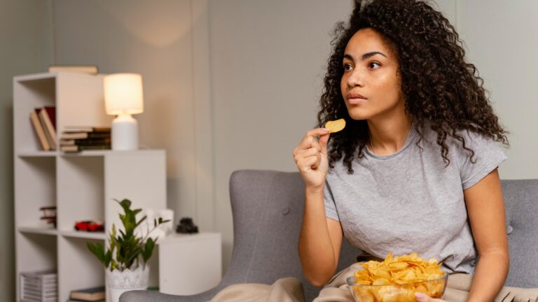 Woman on couch watching tv and eating chips