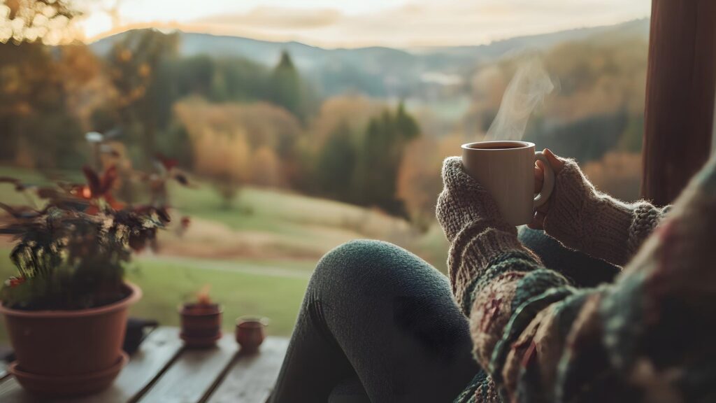 A person sipping a warm cup of coffee on a cozy porch overlooking a scenic landscape on a peaceful Sunday morning enjoying the quiet serenity of nature and a reflective start to the day