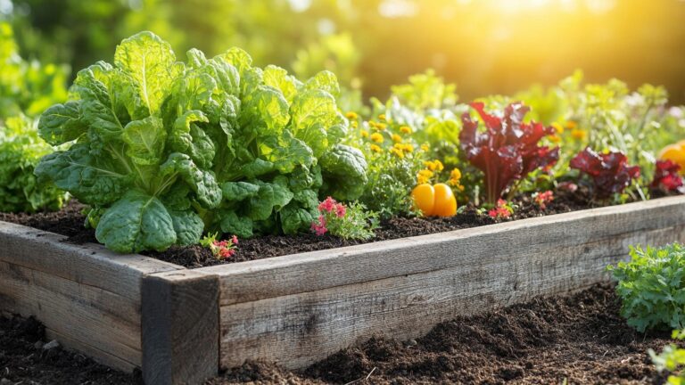 vegetable garden flourishing in a raised wooden bed Lush green plants and vines cover the area sho