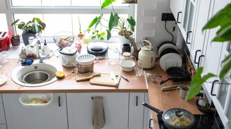 A mess in the kitchen dirty dishes on the table scattered things unsanitary conditions kitchen is untidy everyday life