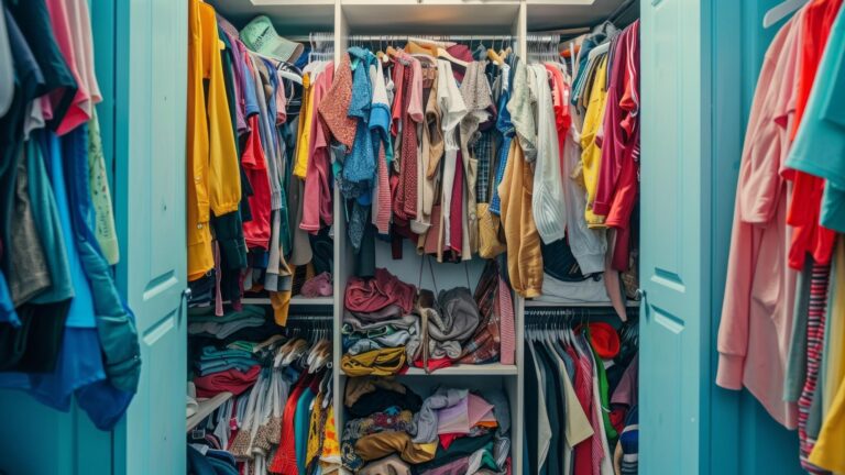 A closet full of clothes with a blue door