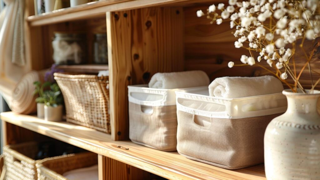 Neatly organized wooden shelves with storage baskets towels and decorative items showcasing home organization