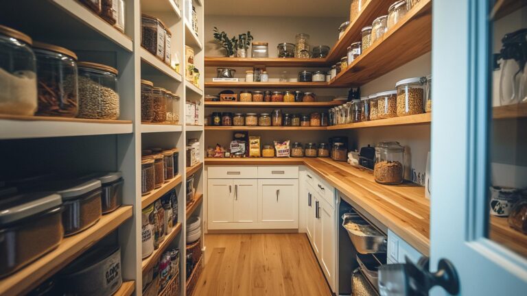 Organized food pantry with shelves full of jars and ingredients in a cozy kitchen setting