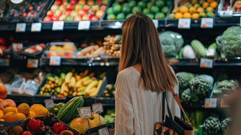 A woman shopping for groceries and fresh produce at a local market