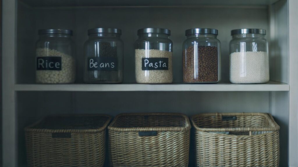 Organized Pantry with Glass Jars