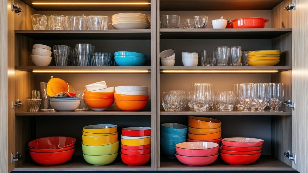 Colorful Dishes Organized Kitchen Cabinet