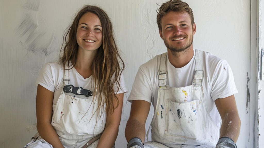 Smiling painters in white overalls standing with arms crossed ready for a renovation project
