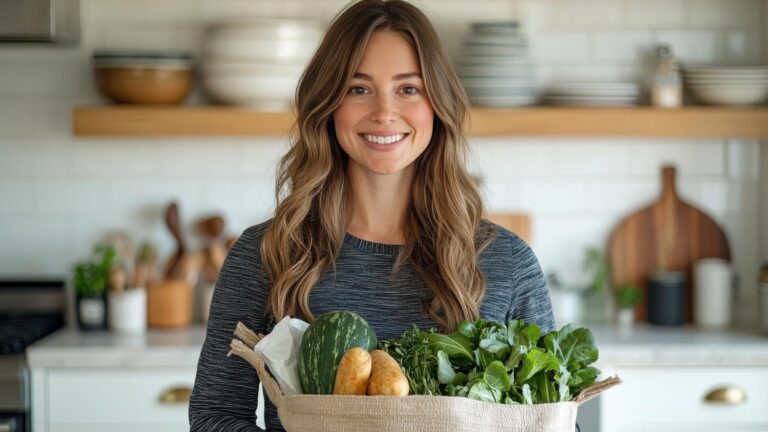 Woman standing in a modern kitchen holding a bag of fresh vegetables and groceries smiling confidently at home