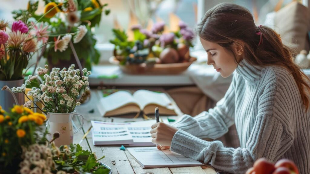 a Caucasian woman organizing her day with a planner and fresh flowers on the table