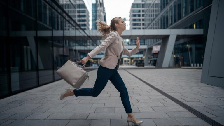 Running stress or late business woman in hurry with bag missing job interview meeting or startup pi