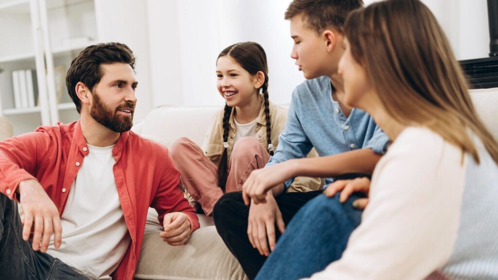 Happy family talking and bonding at home