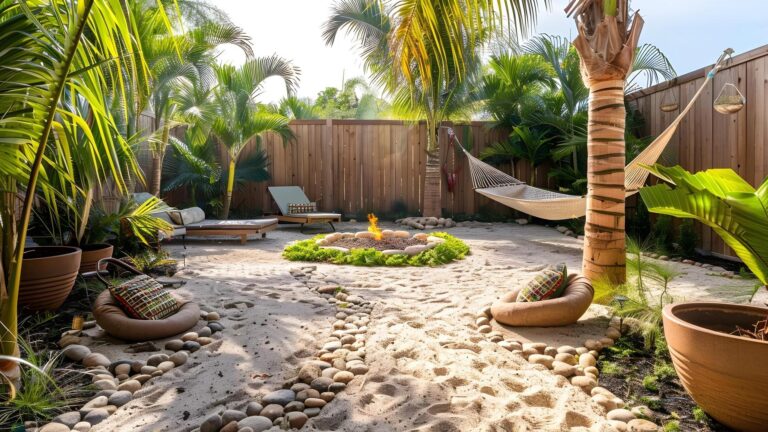 Creating a Tropical Backyard Paradise with Sand Fire Pit Palm Trees and Hammock Area Concept Tropical Backyard Oasis Sand Fire Pit Palm Trees Relaxing Hammock Outdoor Paradise