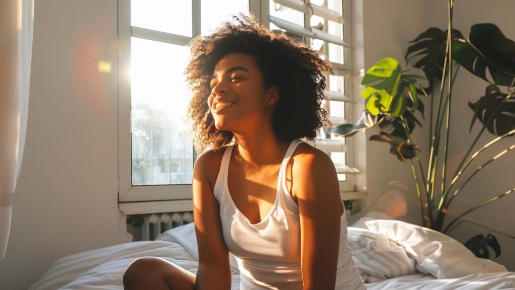 African American girl stretches in bed on an early sunny morning The woman wakes up