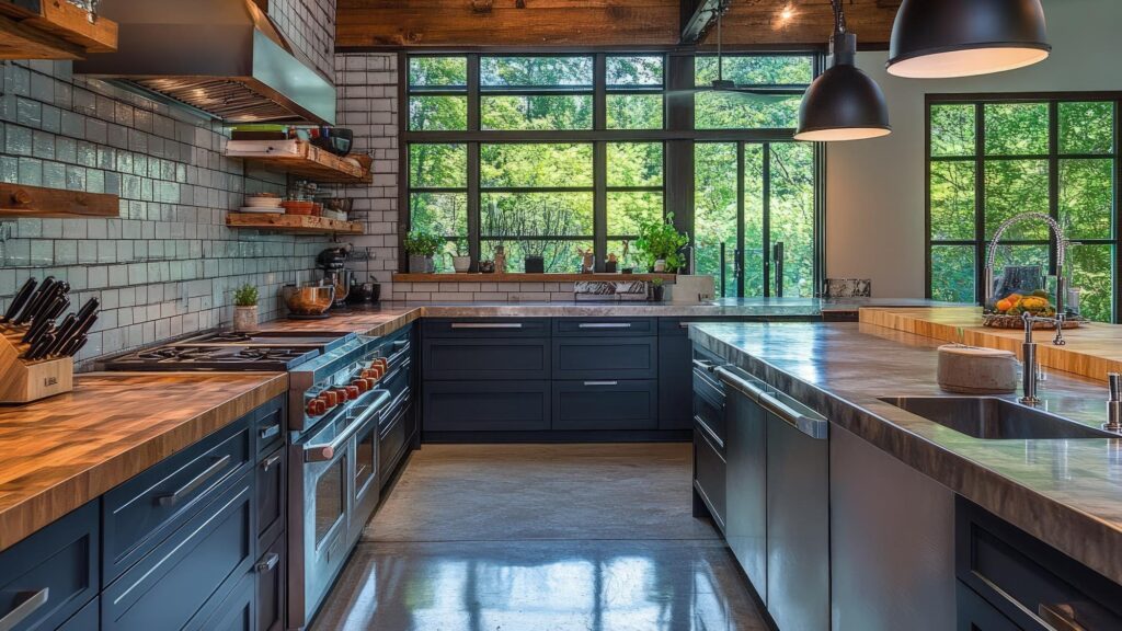 A kitchen with a lot of counter space and a big window