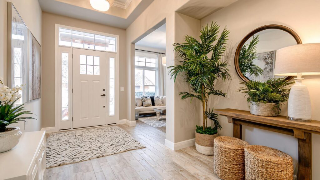 Bright and Welcoming Home Entryway with Modern Decor and Greenery