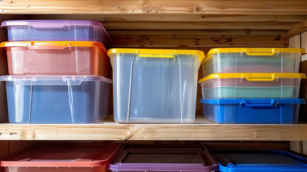 Closeup of plastic storage containers on a wooden shelf